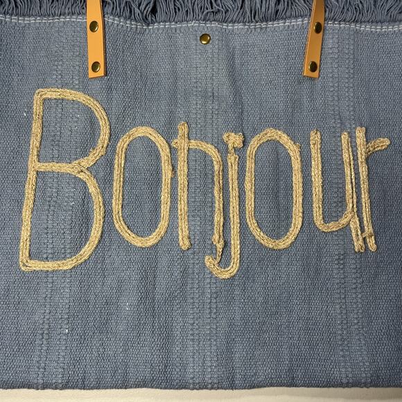 Bonjour Canvas Tote Bag Blue with Fringe Top Boho Summer Beachy Coastal - Picture 3 of 8